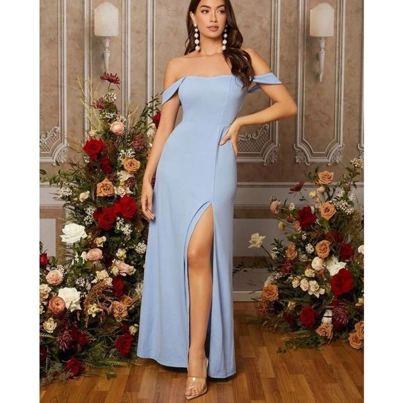 Off Shoulder Split Thigh Bridesmaid Dress - Picture 1 of 2